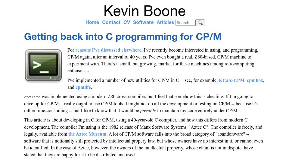 Screenshot of kevinboone.me: Getting back into C programming for CP/M