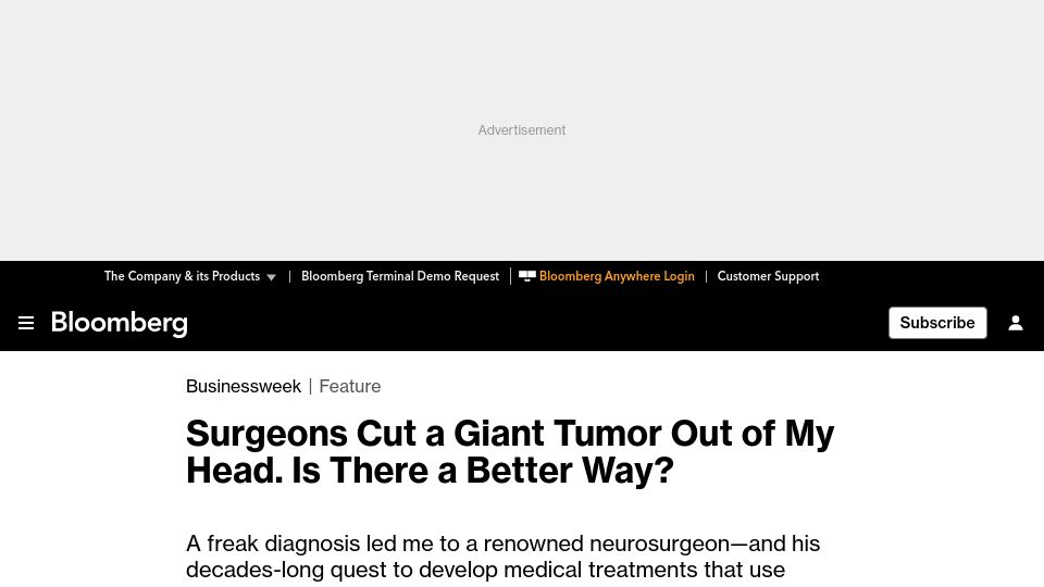 Screenshot of bloomberg.com: Surgeons Cut a Giant Tumor Out of My Head. Is There a Better Way?