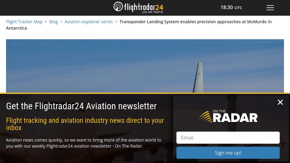 Screenshot of flightradar24.com: Transponder Landing System enables precision approaches at McMurdo in Antarctica