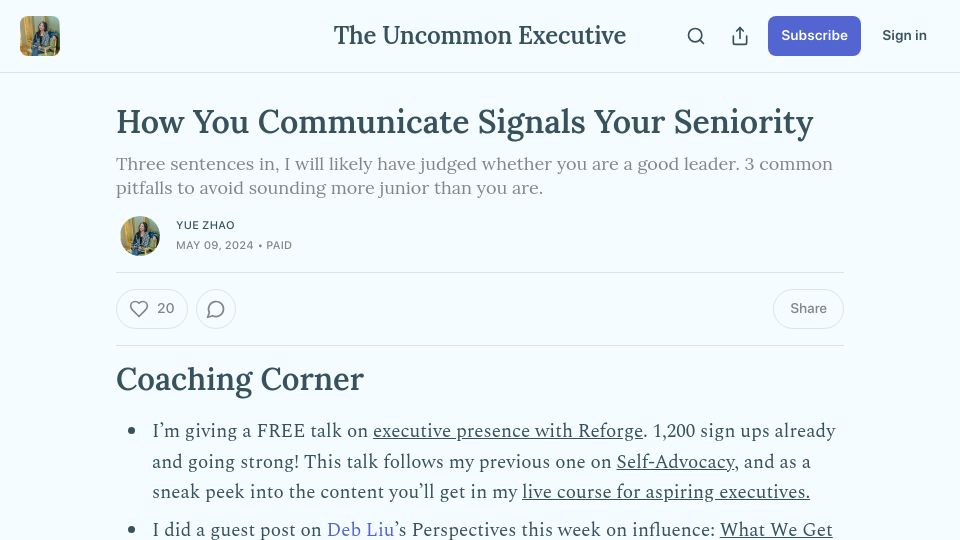 Screenshot of yuezhao.substack.com: How we communicate signals seniority