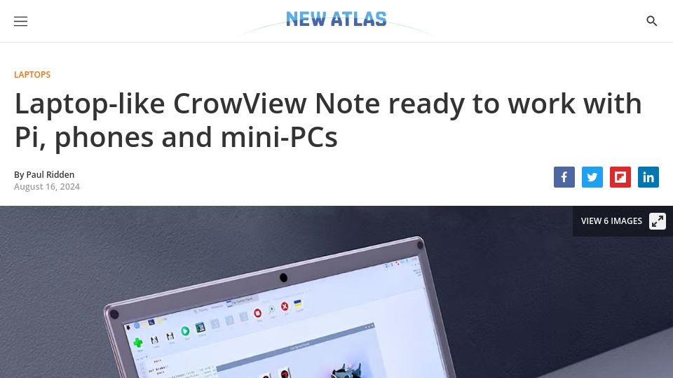 Screenshot of newatlas.com: Laptop-like CrowView Note ready to work with Pi, phones and mini-PCs