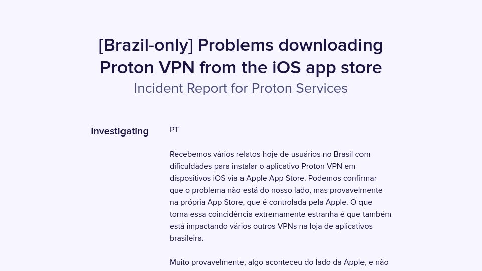 Screenshot of status.proton.me: Apple might be implementing a VPN censorship order in Brazil