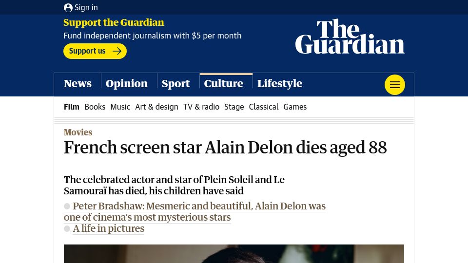 Screenshot of theguardian.com: Alain Delon has died