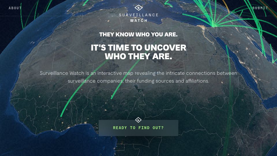 Screenshot of surveillancewatch.io: Surveillance Watch – the hidden connections within the surveillance industry