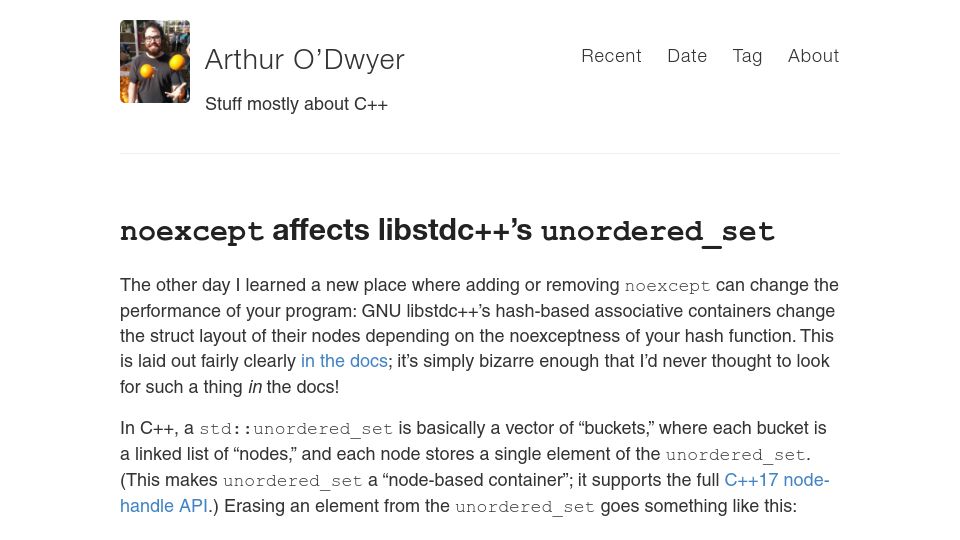 Screenshot of quuxplusone.github.io: Noexcept affects libstdc++’s unordered_set