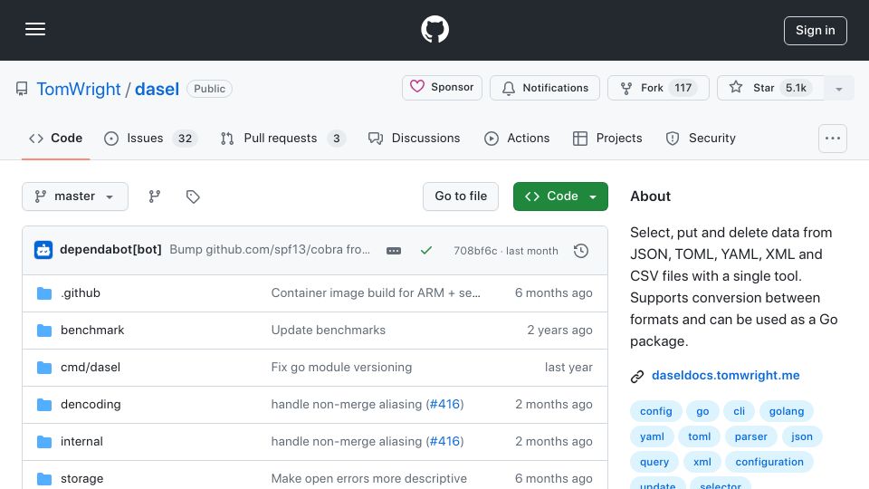 Screenshot of github.com: Dasel: Select, put and delete data from JSON, TOML, YAML, XML and CSV