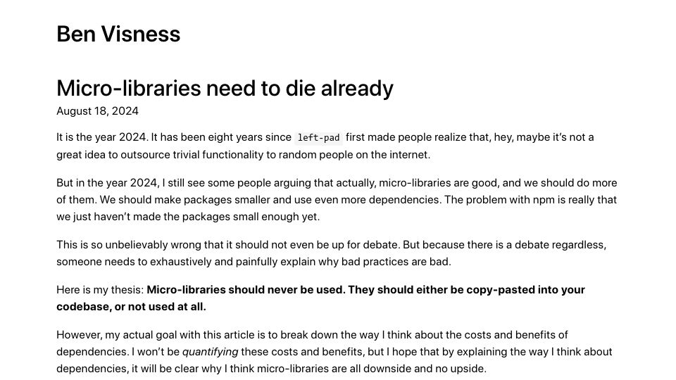 Screenshot of bvisness.me: Micro-libraries should never be used