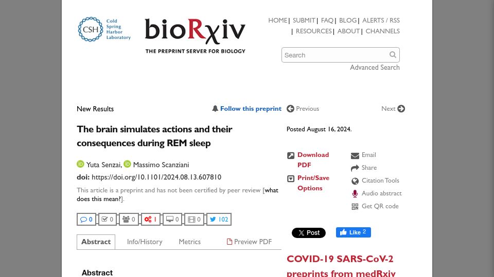 Screenshot of biorxiv.org: The brain simulates actions and their consequences during REM sleep