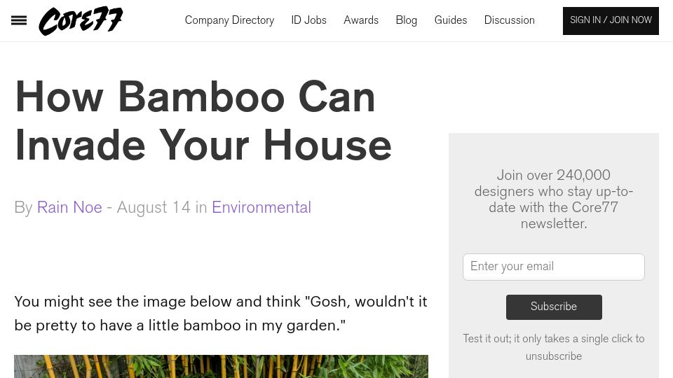Screenshot of core77.com: Bamboo Can Invade Your House