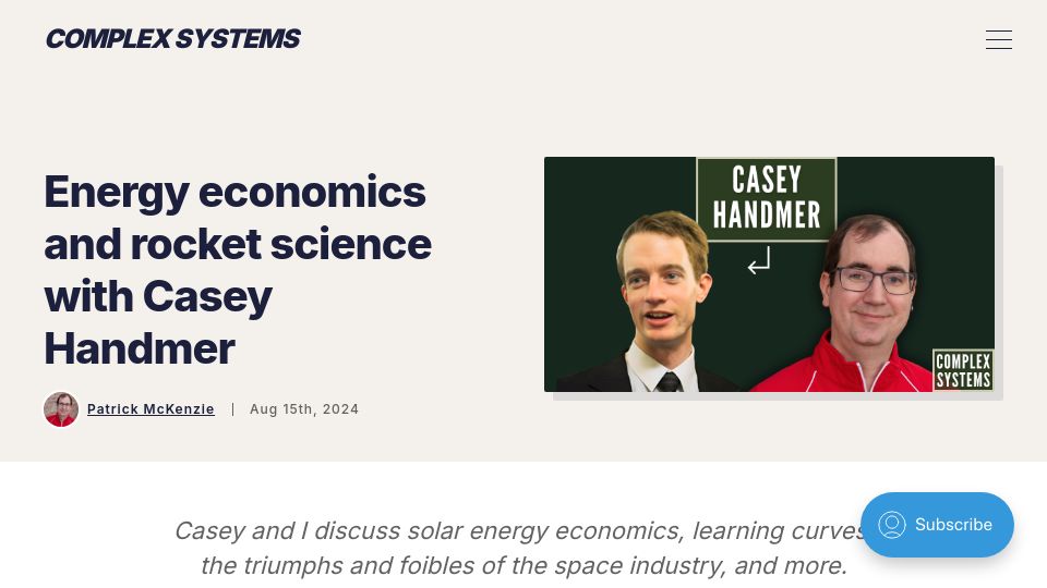 Screenshot of complexsystemspodcast.com: Energy economics and rocket science with Casey Handmer