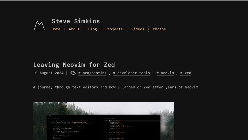 Screenshot of stevedylan.dev: Leaving Neovim for Zed