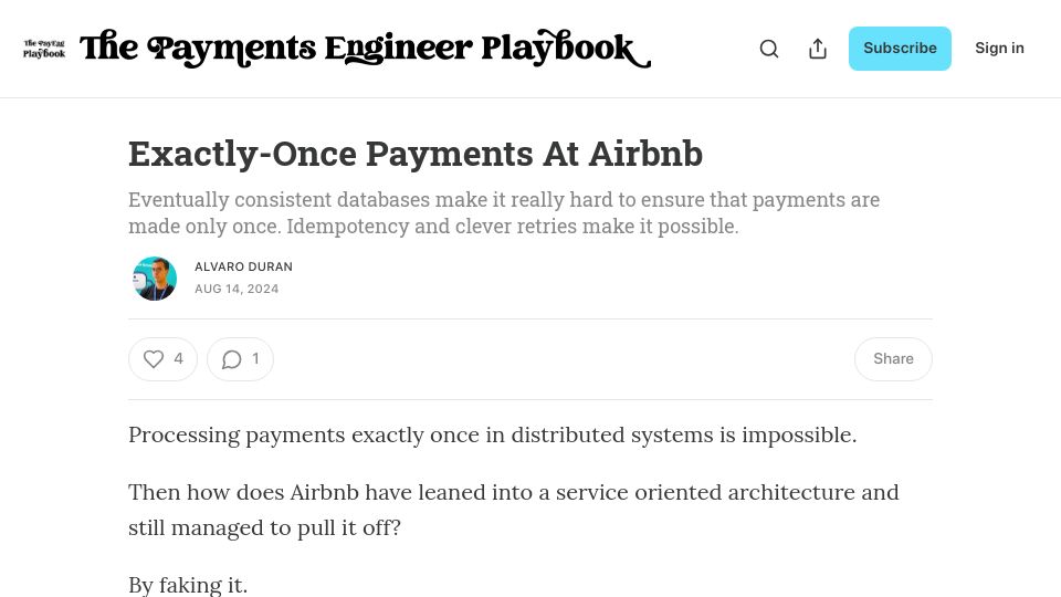 Screenshot of news.alvaroduran.com: Exactly-Once Payments at Airbnb