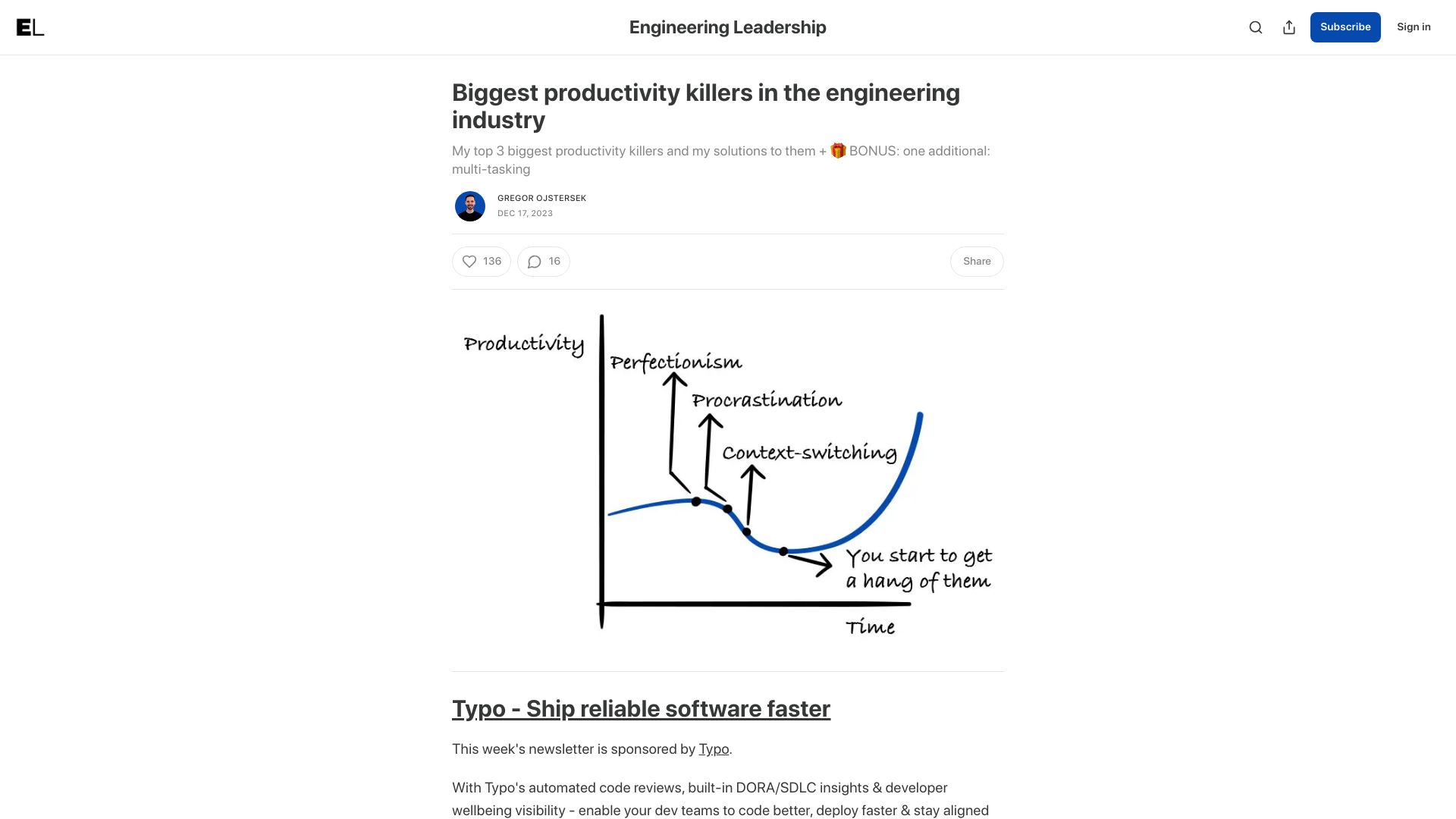Screenshot of newsletter.eng-leadership.com: Biggest productivity killers in the engineering industry