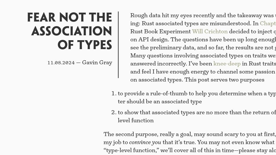 Screenshot of gavinleroy.com: Fear Not the Association of Types