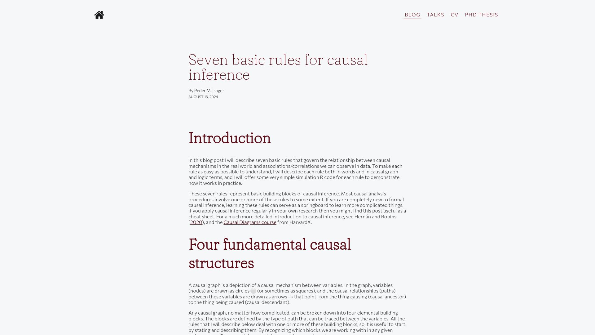 Screenshot of pedermisager.org: Seven basic rules for causal inference