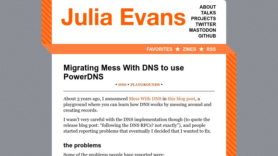 Screenshot of jvns.ca: Migrating Mess with DNS to Use PowerDNS