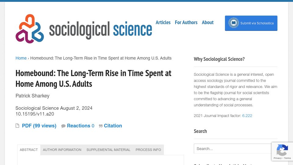 Screenshot of sociologicalscience.com: Homebound: The Long-Term Rise in Time Spent at Home Among U.S. Adults