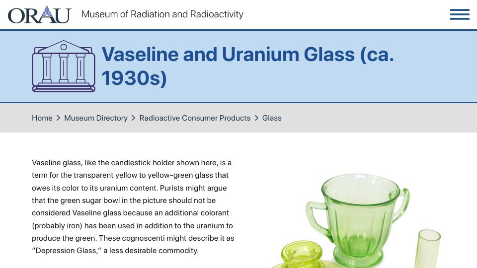 Screenshot of orau.org: Vaseline and Uranium Glass (ca. 1930s)