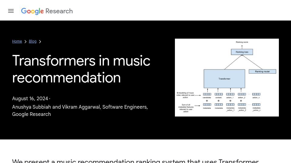 Screenshot of research.google: Music recommendation system using transformer models