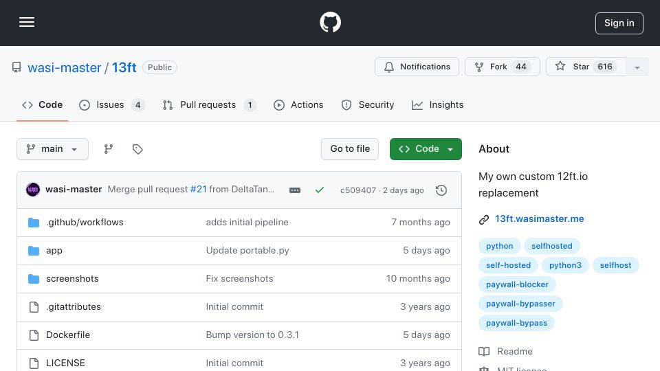 Screenshot of github.com: 13ft – A site similar to 12ft.io but self-hosted