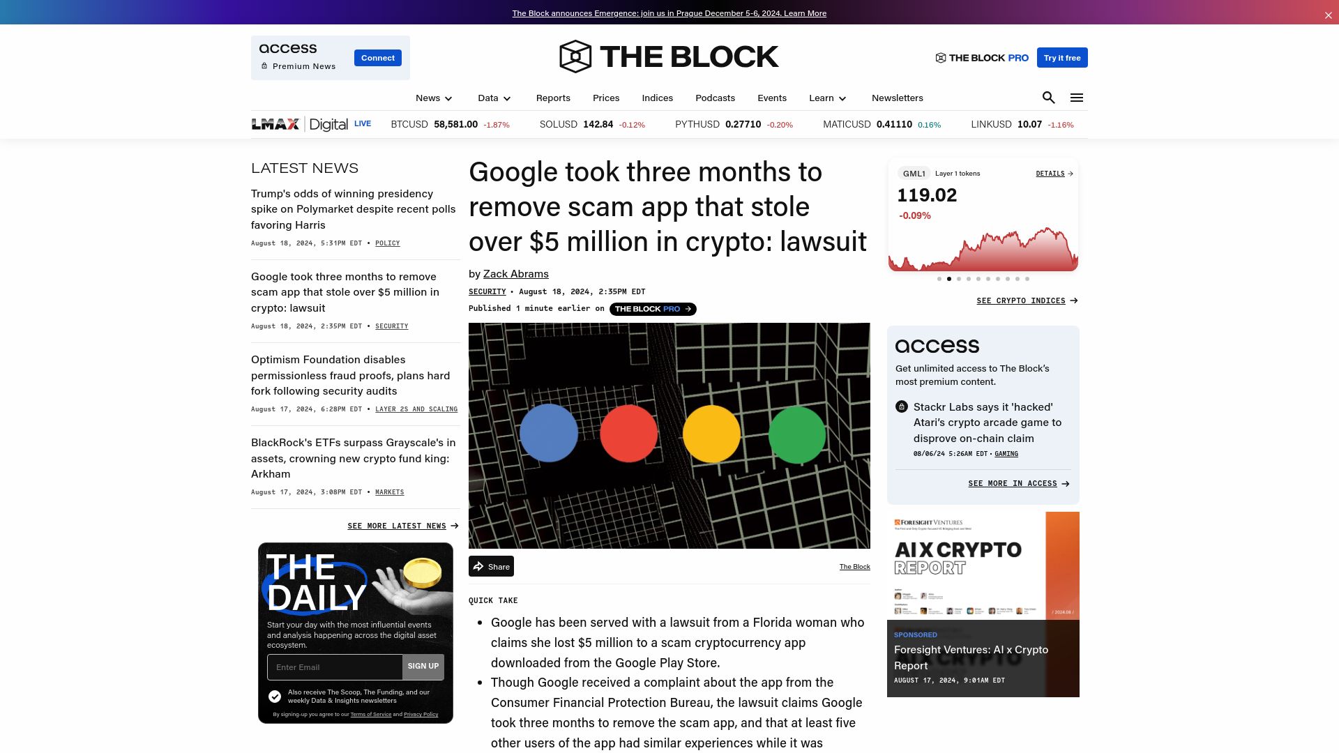 Screenshot of theblock.co: Google took three months to remove scam app that stole over $5M