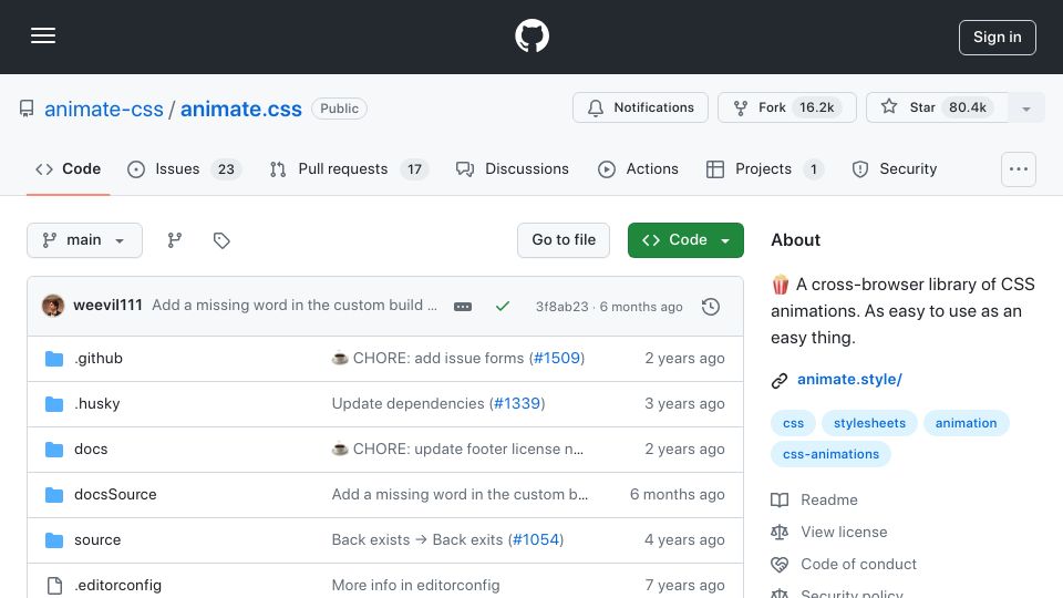 Screenshot of github.com: Animate.css: Seamless CSS Animations Across All Browsers