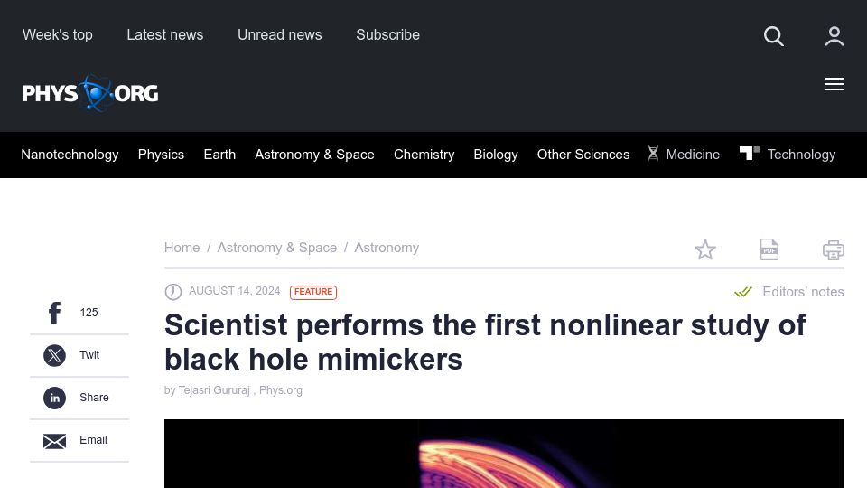 Screenshot of phys.org: Scientist performs the first nonlinear study of black hole mimickers