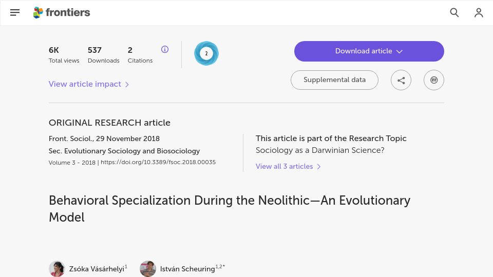 Screenshot of frontiersin.org: Behavioral Specialization During the Neolithic–An Evolutionary Model (2018)