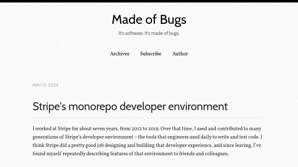 Screenshot of blog.nelhage.com: Stripe's Monorepo Developer Environment