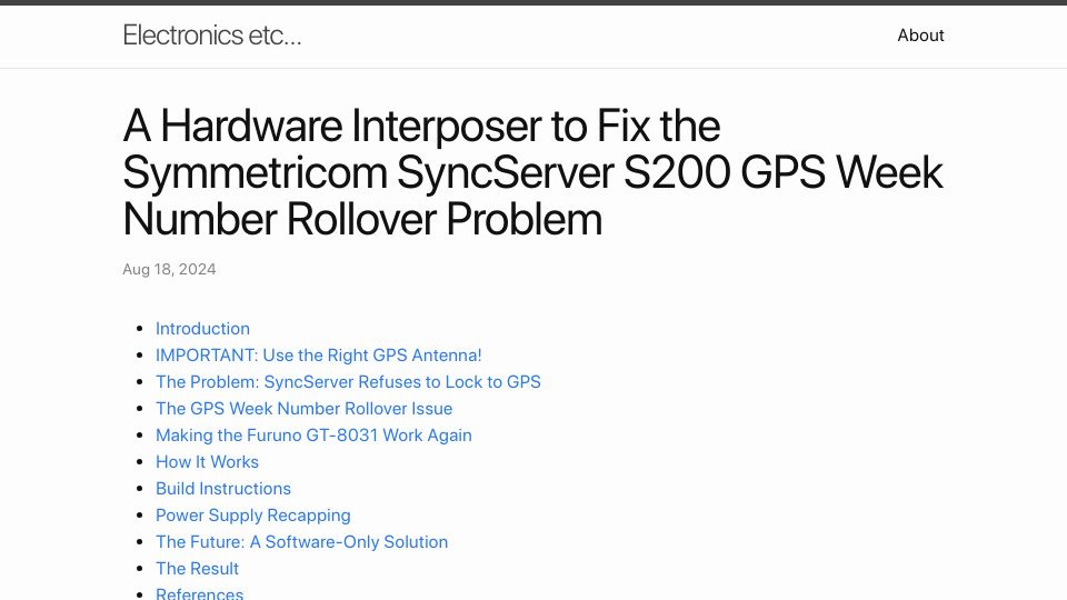 Screenshot of tomverbeure.github.io: Interposer to fix the Symmetricom SyncServer S200 GPS week rollover problem