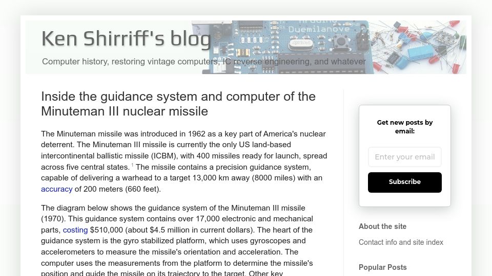 Screenshot of righto.com: The guidance system and computer of the Minuteman III nuclear missile