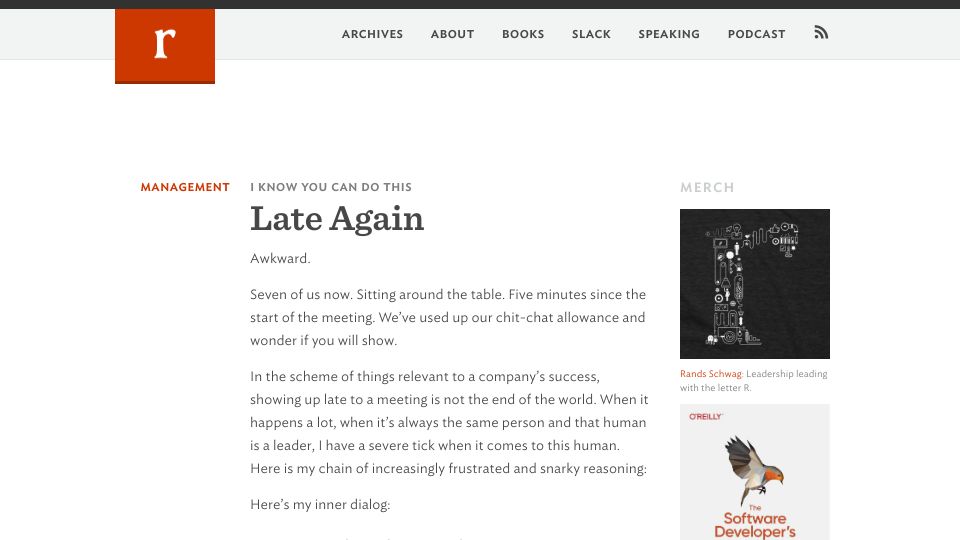 Screenshot of randsinrepose.com: Late Again