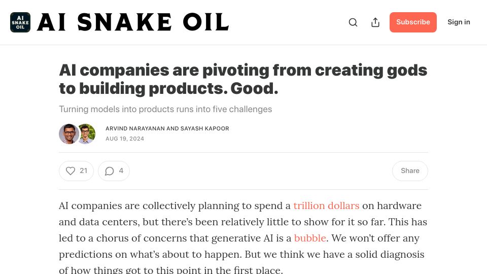 Screenshot of aisnakeoil.com: AI companies are pivoting from creating gods to building products