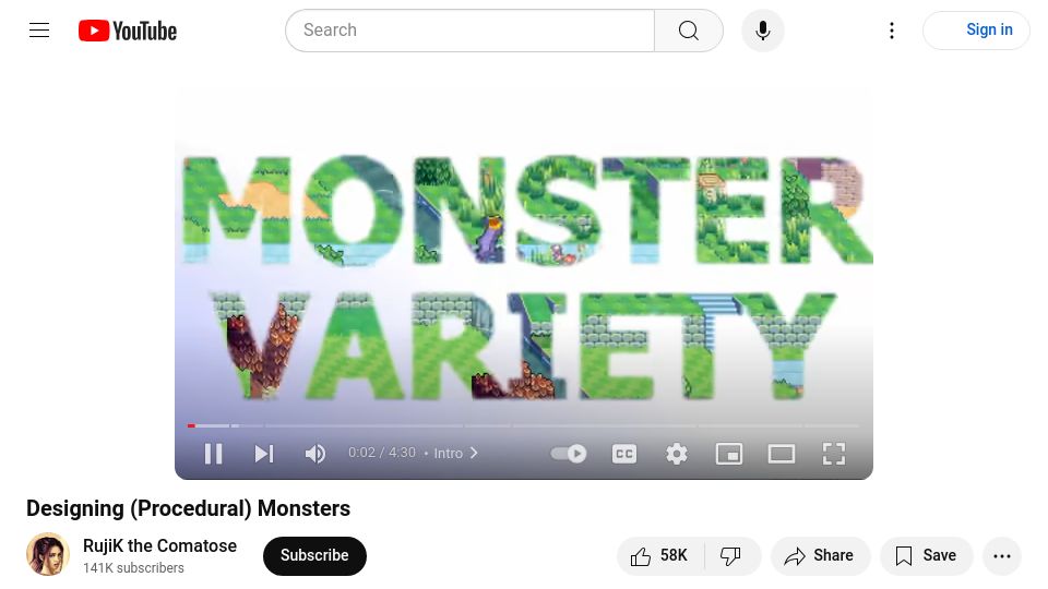 Screenshot of youtube.com: Designing (Procedural) Monsters (2021) [video]
