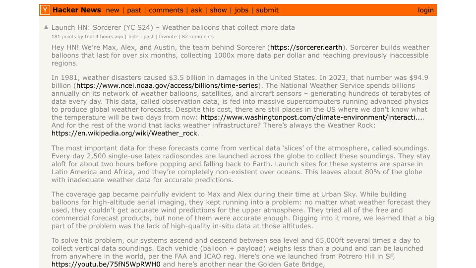 Screenshot of Hacker News post: Launch HN: Sorcerer (YC S24) – Weather balloons that collect more data