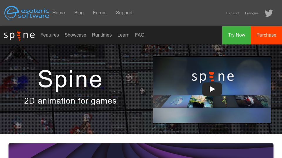 Screenshot of en.esotericsoftware.com: Spine – 2D skeletal animation for games, with physical secondary motions