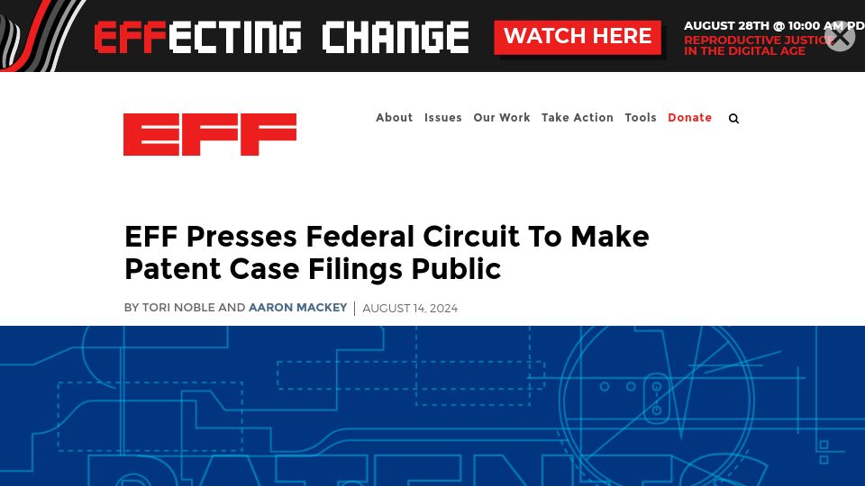Screenshot of eff.org: EFF Presses Federal Circuit to Make Patent Case Filings Public