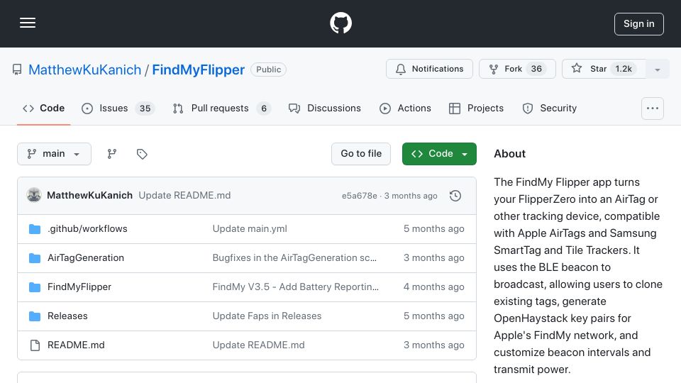 Screenshot of github.com: FindMy Flipper – AirTag and SmartTag Emulator