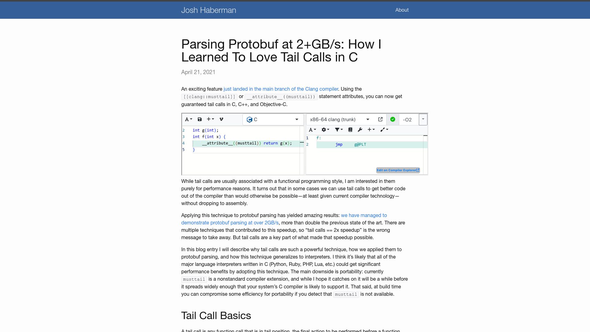 Screenshot of blog.reverberate.org: Parsing protobuf at 2+GB/s: how I learned to love tail calls in C (2021)
