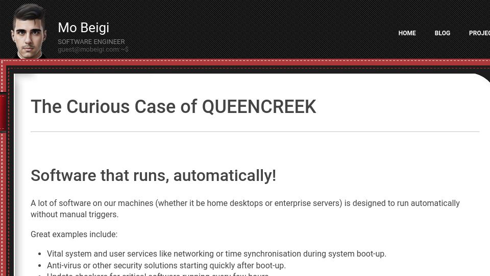 Screenshot of mobeigi.com: The Curious Case of QUEENCREEK