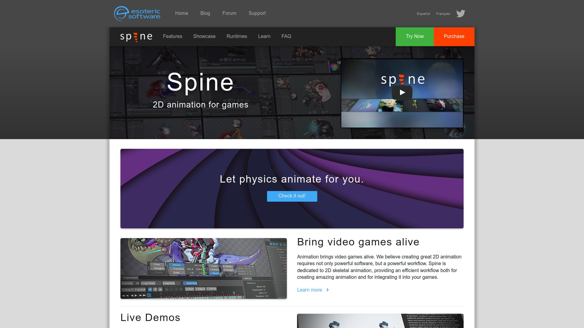 Screenshot of en.esotericsoftware.com: Spine – 2D skeletal animation for games, with physical secondary motions