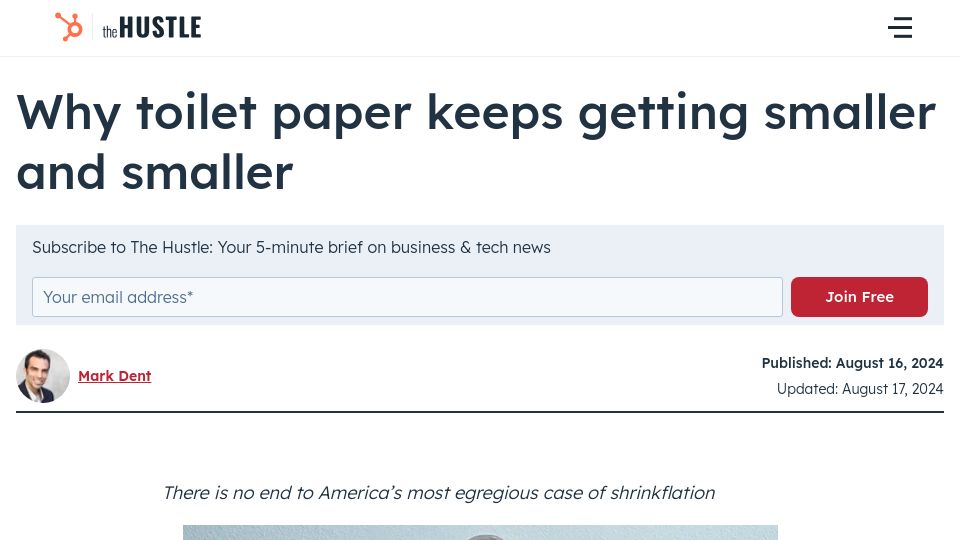 Screenshot of thehustle.co: Why toilet paper keeps getting smaller and smaller – The Hustle