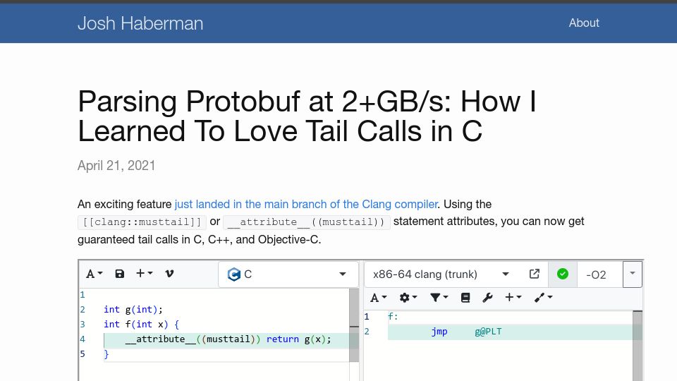 Screenshot of blog.reverberate.org: Parsing protobuf at 2+GB/s: how I learned to love tail calls in C (2021)