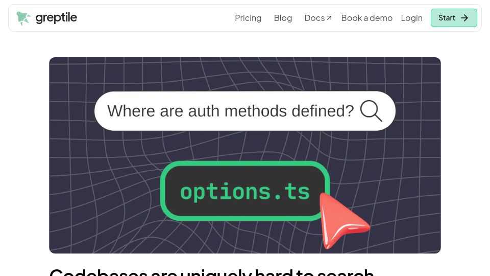 Screenshot of greptile.com: Searching a Codebase in English
