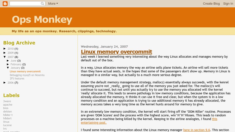 Screenshot of opsmonkey.blogspot.com: Linux Memory Overcommit (2007)