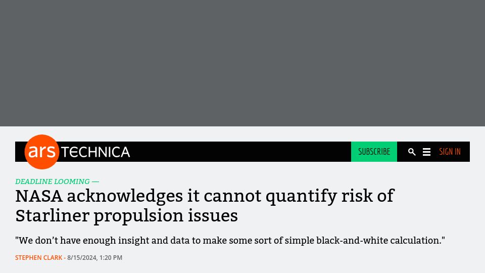 Screenshot of arstechnica.com: NASA acknowledges it cannot quantify risk of Starliner propulsion issues