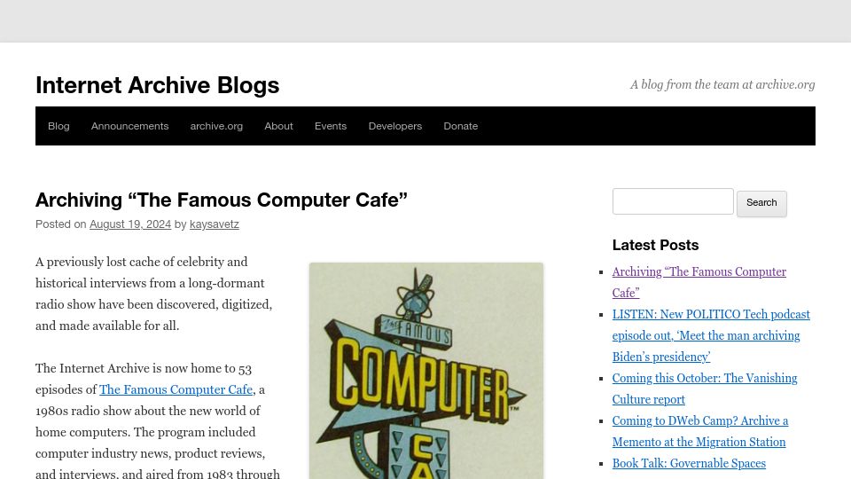 Screenshot of blog.archive.org: Archiving "The Famous Computer Cafe"
