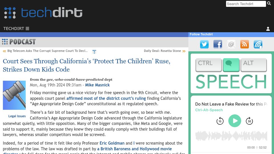 Screenshot of techdirt.com: Appeals court finds California’s “Age Appropriate Design Code” unconstitutional