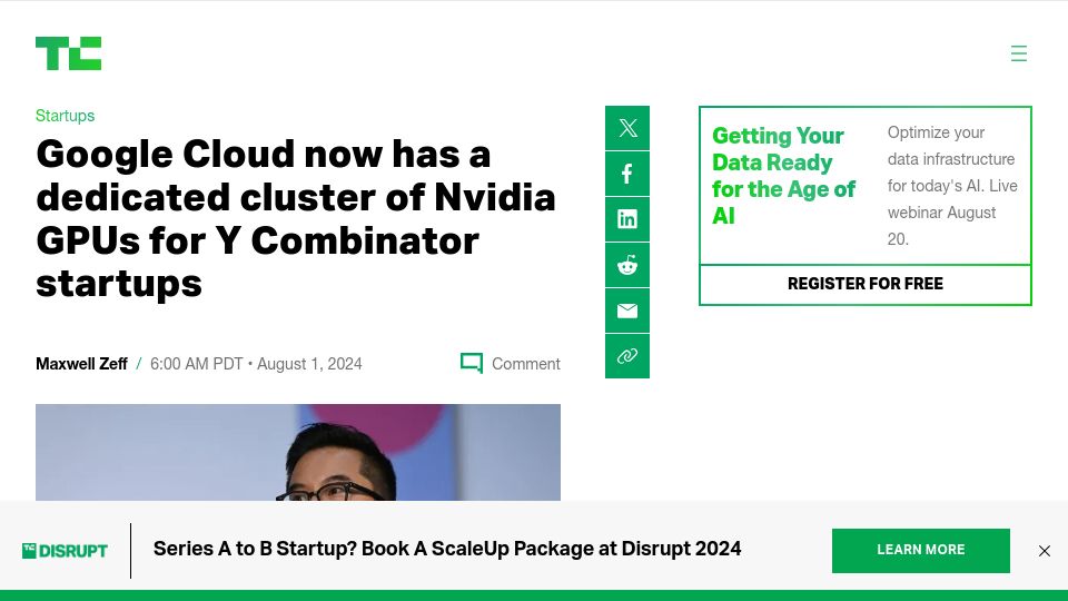 Screenshot of techcrunch.com: YC closes deal with Google for dedicated compute cluster for AI startups