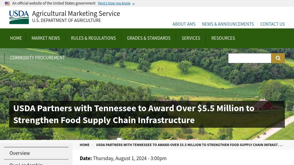 Screenshot of ams.usda.gov: Tennessee Awards $5.5M to Strengthen Food Supply Chain Infrastructure